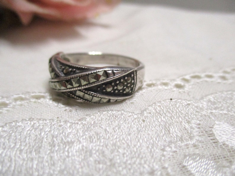 Antique solid Art Deco silver ring A 925 with marcasites 19.4 mm 61 band ring silver marcasite ring ladies ring image 7