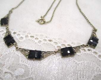 No 51 Fine Art Deco necklace gold coloured with black onyx stones necklace 44.5 cm vintage necklace necklace