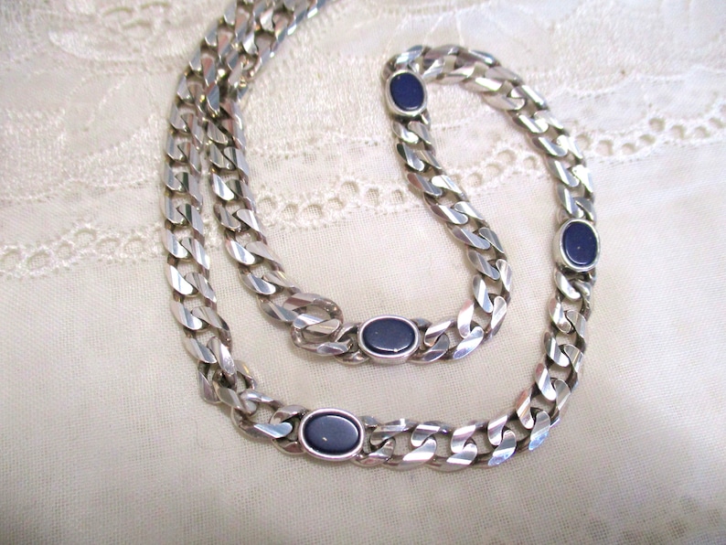 No 30 Solid Curb Chain with Lapis Lazuli Silver Chain 925 44.5 cm 5.5 mm Silver Necklace Women's Vintage Link Chain 80s Gift Italy image 5