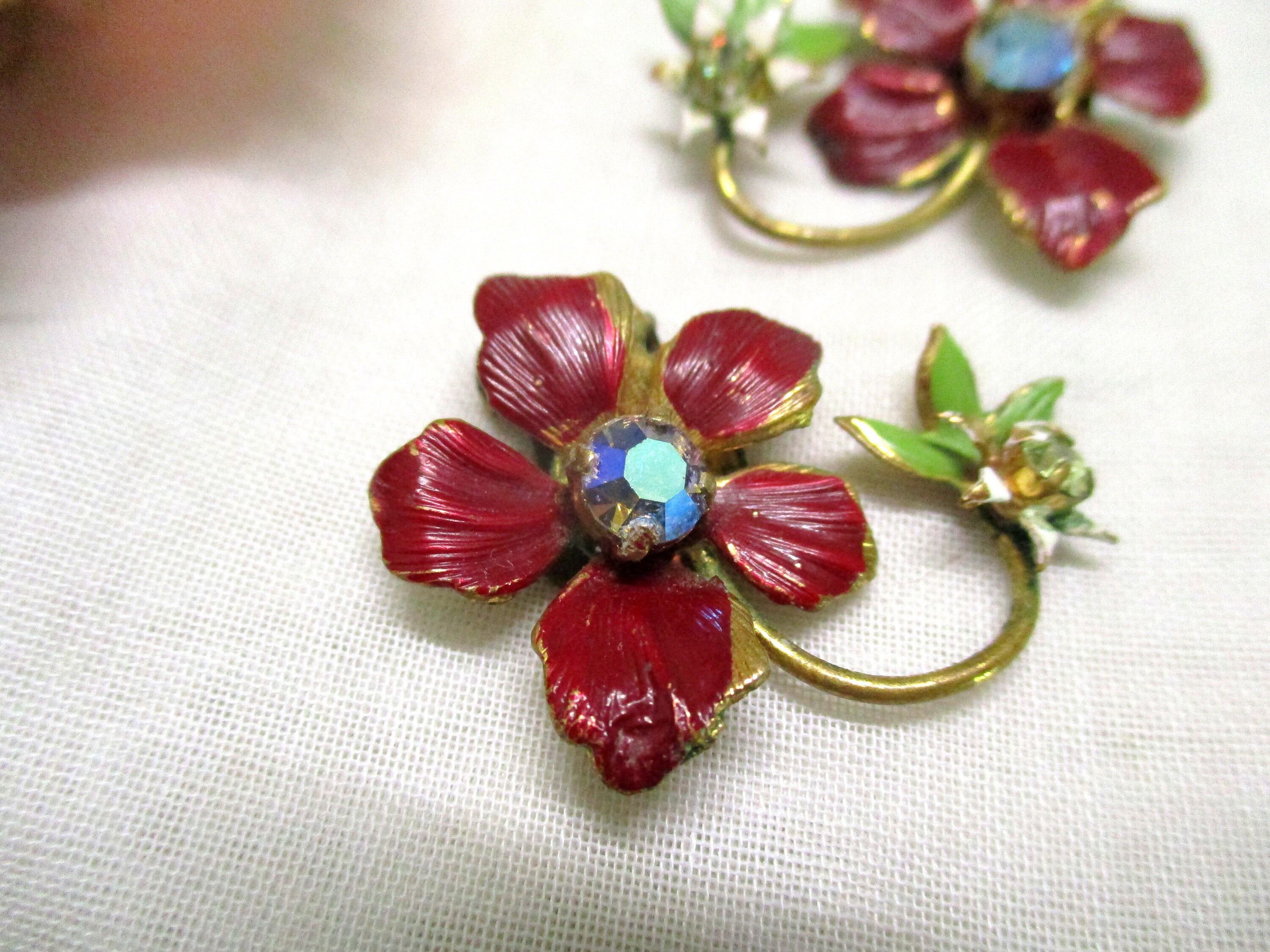 Boucles D'oreille Anciennes Clips - Fleurs émaillées Sur Laiton, Diamètre 23 Mm, Occasion