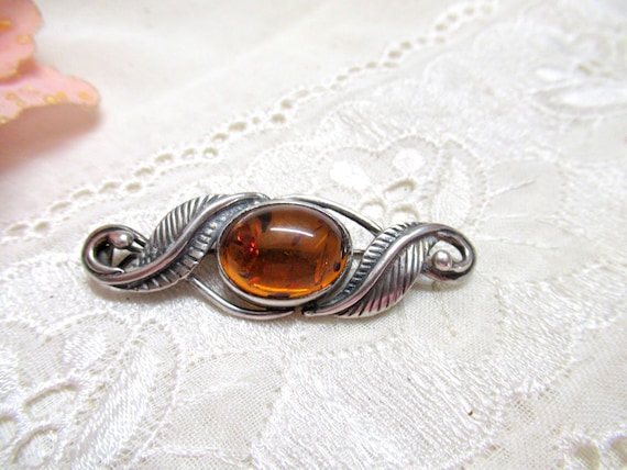 Antike Silberbrosche  Bernstein Bernsteinbrosche … - image 1