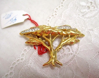 Broche de diseño brillante con cabujón de árbol en oro blanco y diamantes de imitación chapado en oro