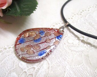 Beautiful colorful glass pendant red rosé blue rubber strap vintage