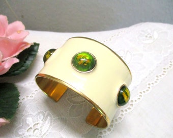 Open enameled bangle bracelet cuff beige gold green glass cabochons