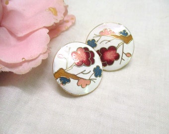 Round white and red cloissonné clip-on earrings with flowers