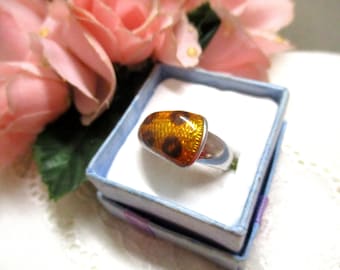 Modern designed solid silver ring enamelled amber brown dots size 61 19.5 mm