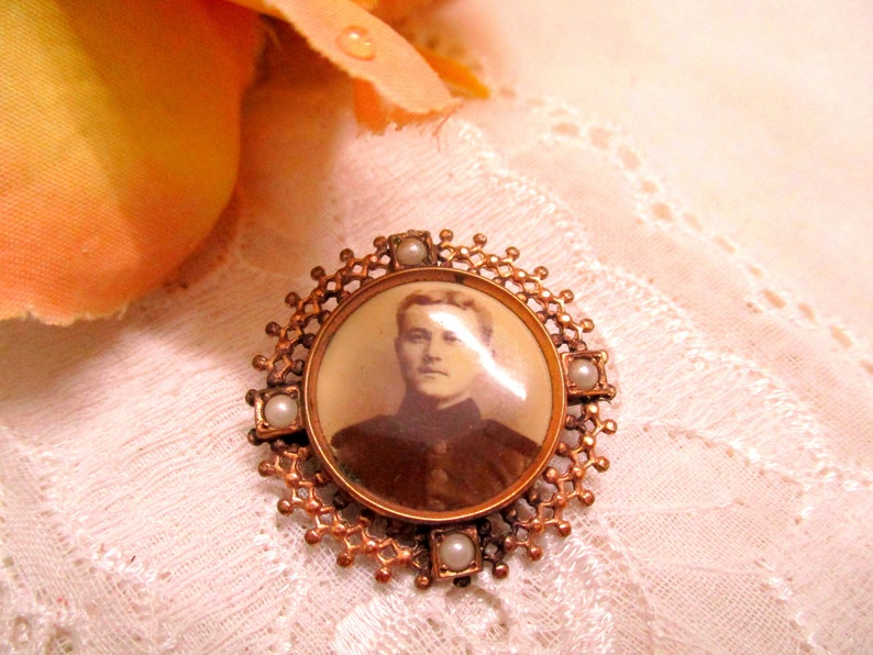 Antique Art Nouveau photo photo brooch pearls sepia round mourning brooch image 2