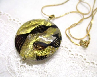 No 39 Beautiful large Murano glass pendant with gold-plated silver necklace vintage black gold