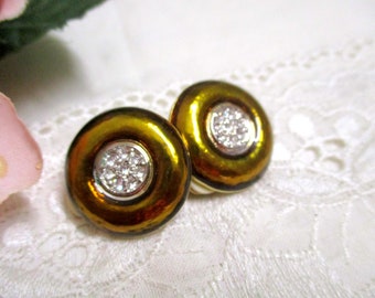 Noble ear clips round Cabouchon hard gold plated, with inlaid rhinestone