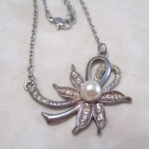 Fine nostalgic necklace with rhinestones and faux pearl Mid century silver beautifully crafted necklace image 3