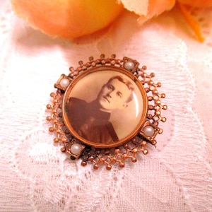 Antique Art Nouveau photo photo brooch pearls sepia round mourning brooch image 1