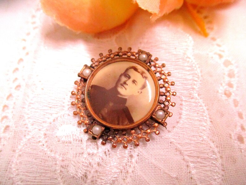 Antique Art Nouveau photo photo brooch pearls sepia round mourning brooch image 1