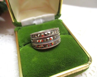 Beautiful solid Art Deco silver ring with marcasites 18.00 mm size. 56 925 band ring wide women's antique gift