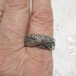 Antique solid Art Deco silver ring A 925 with marcasites 19.4 mm 61 band ring silver marcasite ring ladies ring image 4