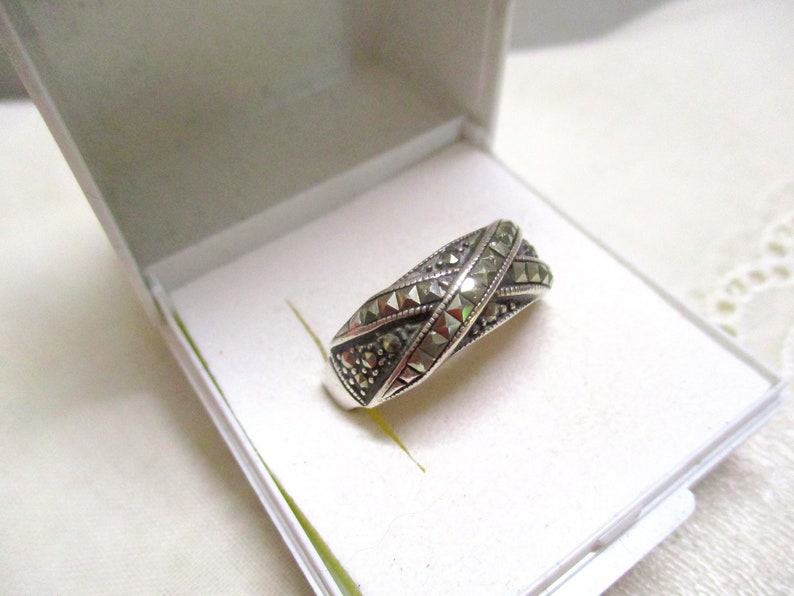 Antique solid Art Deco silver ring A 925 with marcasites 19.4 mm 61 band ring silver marcasite ring ladies ring image 1