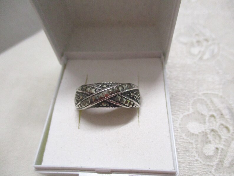 Antique solid Art Deco silver ring A 925 with marcasites 19.4 mm 61 band ring silver marcasite ring ladies ring image 3