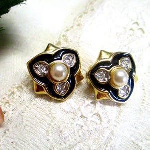 Boucles D'Oreilles Clip Doré - Forme Ronde Avec Strass Et Cabochon - Occasion Très Bon État