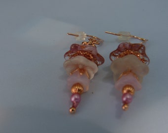 Victorian Copper Flower Earrings: Pink Czech Glass Beads