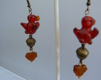 Squirrel  and acorn  earrings , fall forest freinds earrings, brass acorn earring  for fall  2 1/2 inches