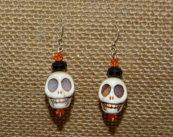 Happy skull earrings, sterling silver earring wires ,Day of the dead sugar skull jewelry