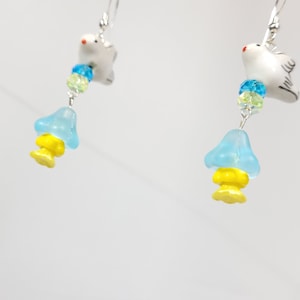 Doves of peace for Ukraine, Doves and flowers for peace in Ukraine, blue and yellow Czech press glass sterling silver