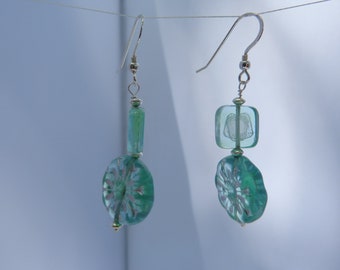 Aqua and silver dangle earrings ,simple aqua earrings,ice blue flower earrings, sterling silver