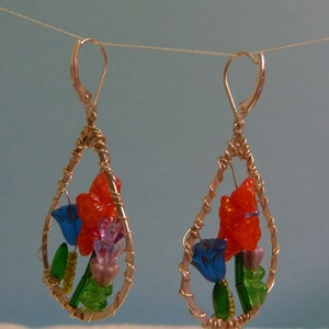 Flower Garden earrings, multi color flower bouquet earrings, wildflower earrings, meadow earring, secret garden sterling silver lever backs