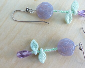 purple rose earring ,with real amethyst and sterling silver flower and leaf earrings