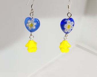 aluminum earrings hand stamped blue & yellow crystals dangling earrings. Ukrainian sunflowers