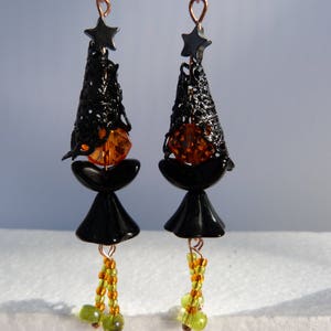 Witch earrings,copper enchantress, Halloween fairies, Orange and black earrings