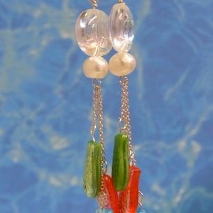 Under the sea earrings, Gifts from the sea,Pearl and fish earrings, 3&quot;inches long cultured pearl and sterling silver