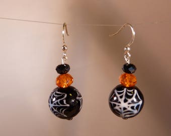 Spider web earrings, Halloween earrings, black and orange earrings,