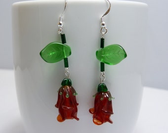 Glass rose earrings, romantic red roses