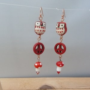 Brown owl and peace sign earrings, owl and mushroom jewelry, fresh from the forest,cottage core