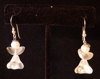 Tiny white angel and pure sterling silver earrings, guardian angel earrings with silver halo