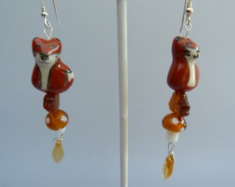 Fall fox and mushroom earrings, forest friends fairy tale earrings, autumn tones cottagecore