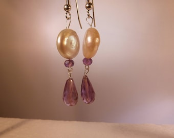 Amethyst and coin pearl earrings in sterling silver, classic drop earrings