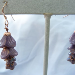 wisteria earrings lovely plum glass and copper, purple flowers,nature inspired