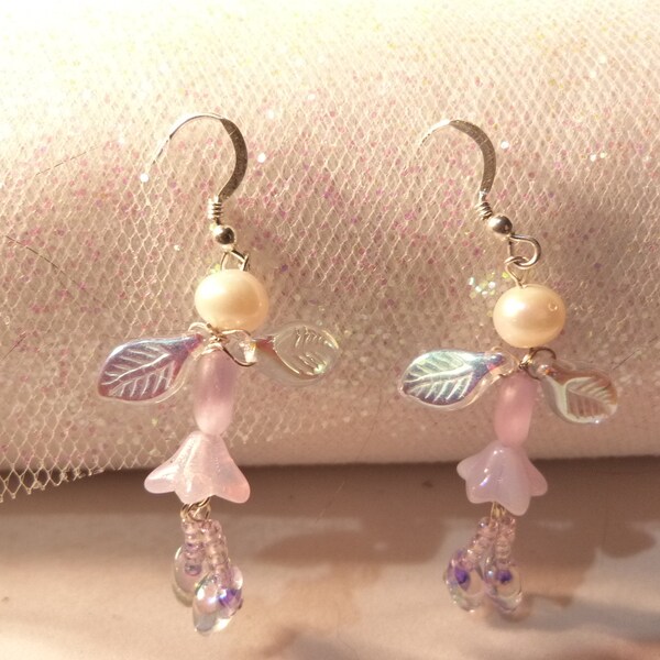 Flower fairy earrings, light lilac pearl faced fairies  fairietale earrings, violet pixies,soft purple eleves, sterling silver