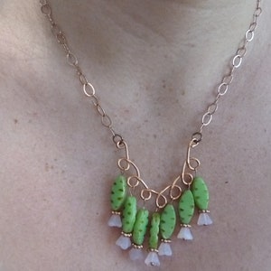 Cactus flower copper necklace,green and pink flower necklace 16 to 18 inches adjustable necklace