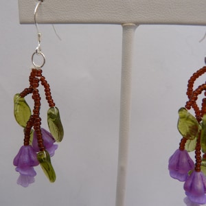purple wisteria earrings,light weight botanical jewelry,cascading flowers and green leaves, Sterling Silver