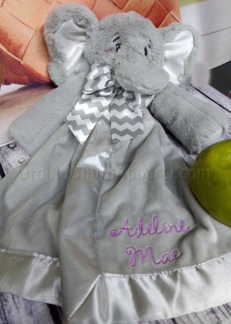 Custom monogram or name Huggie Tag toy. Newborn Security Blanket Personalized gray elephant embroidered baby snuggler Lovie