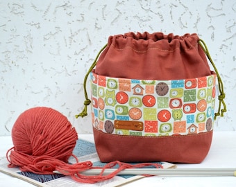 Yarn storage bag Project bucket bag Crochet and knitting drawstring bag  Sac a projet Autumn knitters gift Thanksgiving