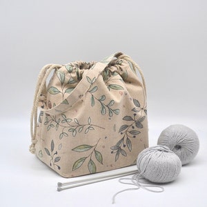 Leaves knitting bag Medium size drawstring project bag for knitting and crochet Knitter on the go Yarn organizer Gift for knitters