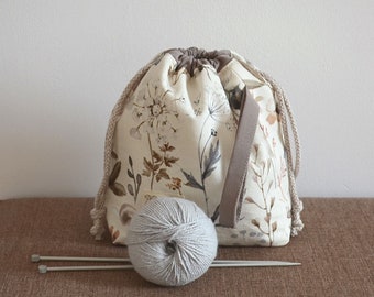 Knitters project bag Dried flowers drawstring bag Yarn organizer Crochet storage Sac à projet Knit on the go Gift for knitter