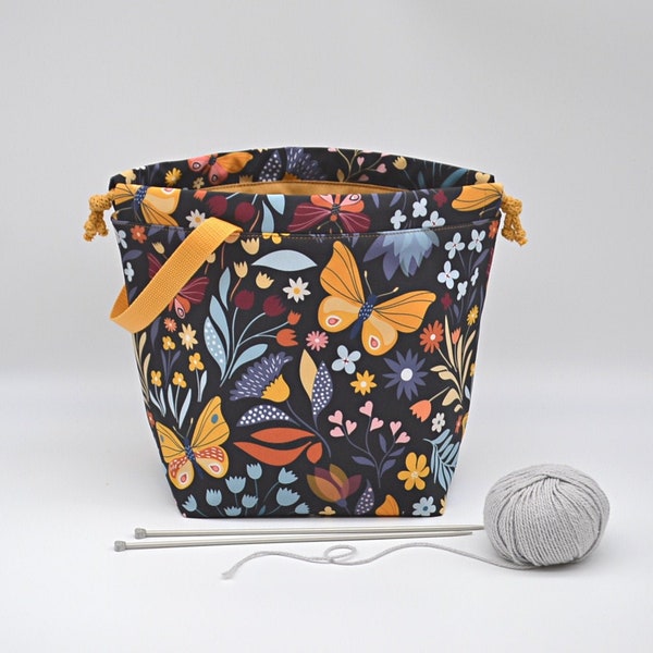 Butterfly Knitting project bag Crochet drawstring project bag Wristlet tote Knitters gift Knit on the go Sac a tricot Waterproof fabric