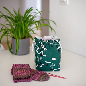 Green divided project bag Double sack Small drawstring bag with pocket Compartment bags Needlework storage Customisable pouch Knitters gift