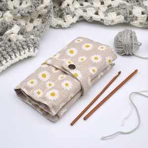 Chamomile Crochet hook roll up 13 Pockets for crochet hooks 6" Organizer with zipper notion pouch Hook case Daisy print Crocheters gift