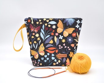 Wrist zipper Knitting & Crochet project bag Water-resistant bag On the go knitting wristlet Large travel pouch Butterfly print