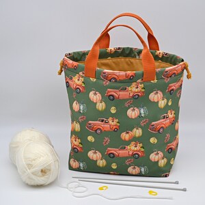Pumpkins tote knitting bag Fall project bag Crochet drawstring bag with many pockets inside Knit on the go Sac à projet Water resistant bag image 5